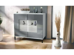 Cómoda Grömitz V3, Moderno armario de cocina con 2 grandes puertas de cristal blanco mate / gris de alto brillo (92,5 x 83.5 x 35)