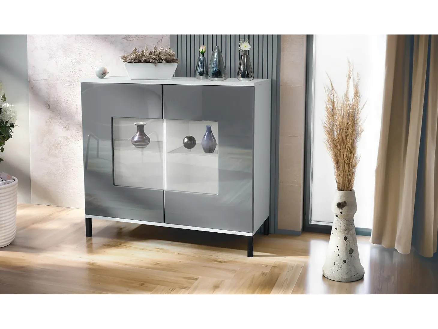 Cómoda Grömitz V3, Moderno armario de cocina con 2 grandes puertas de cristal blanco mate / gris de alto brillo (92,5 x 83.5 x 35)