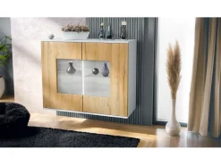Cómoda Grömitz V3, Moderno armario de cocina con 2 grandes puertas de cristal blanco mate / roble natural (92,5 x 73.5 x 35)