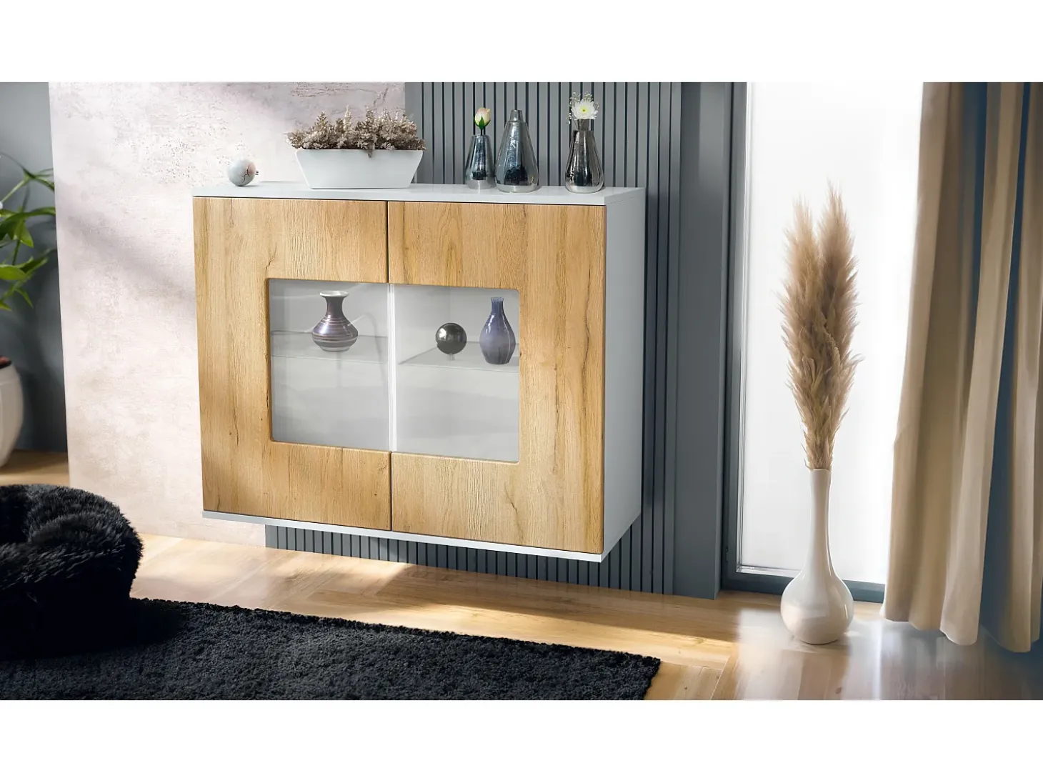 Cómoda Grömitz V3, Moderno armario de cocina con 2 grandes puertas de cristal blanco mate / roble natural (92,5 x 73.5 x 35)