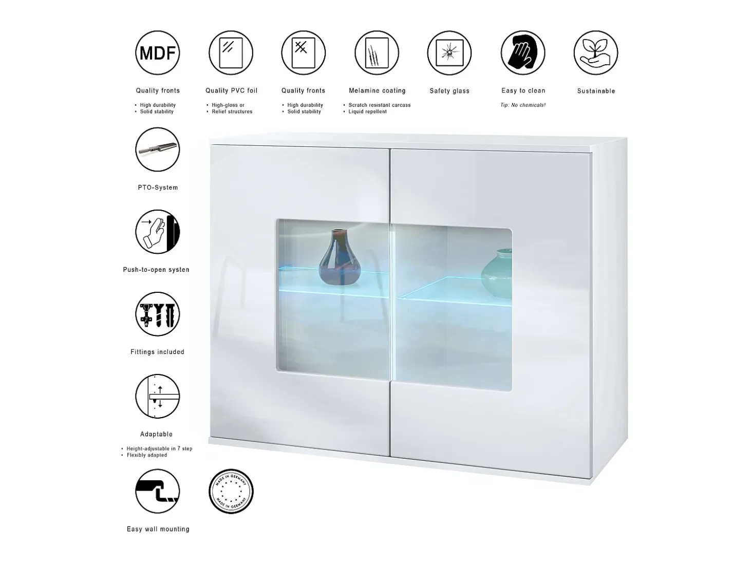 Cómoda Grömitz V3, Moderno armario de cocina con 2 grandes puertas de cristal incl. iluminación RGB blanco mate / crema de alto brillo (92,5 x 73.5 x 35)