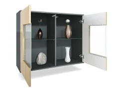 Cómoda Grömitz V3, Moderno armario de cocina con 2 grandes puertas de cristal antracita mate / crema de alto brillo (92,5 x 73.5 x 35)