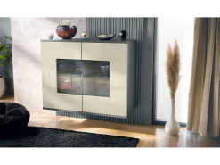Cómoda Grömitz V3, Moderno armario de cocina con 2 grandes puertas de cristal antracita mate / crema de alto brillo (92,5 x 73.5 x 35)