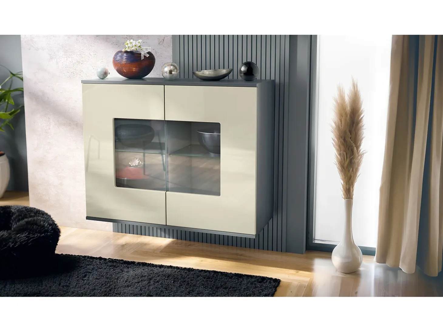 Cómoda Grömitz V3, Moderno armario de cocina con 2 grandes puertas de cristal antracita mate / crema de alto brillo (92,5 x 73.5 x 35)
