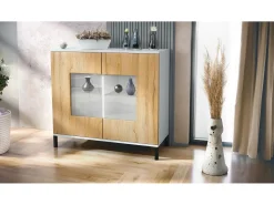 Cómoda Grömitz V3, Moderno armario de cocina con 2 grandes puertas de cristal blanco mate / roble natural (92,5 x 83.5 x 35)