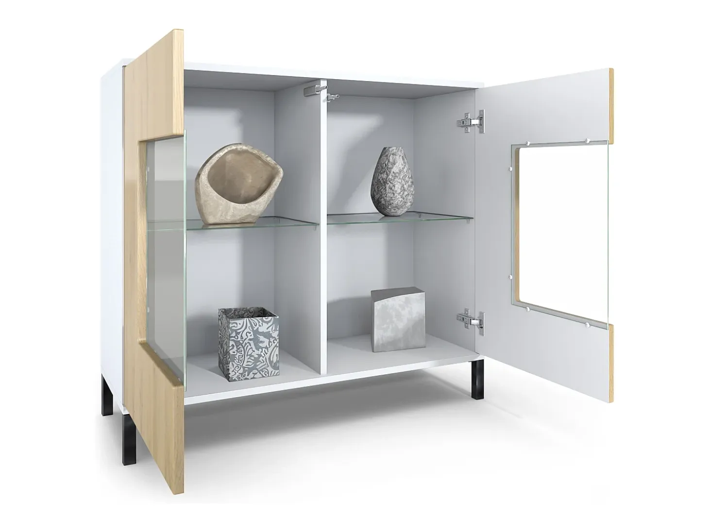 Cómoda Grömitz V3, Moderno armario de cocina con 2 grandes puertas de cristal blanco mate / roble natural (92,5 x 83.5 x 35)