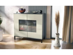 Cómoda Grömitz V3, Moderno armario de cocina con 2 grandes puertas de cristal antracita mate / crema de alto brillo (92,5 x 83.5 x 35)