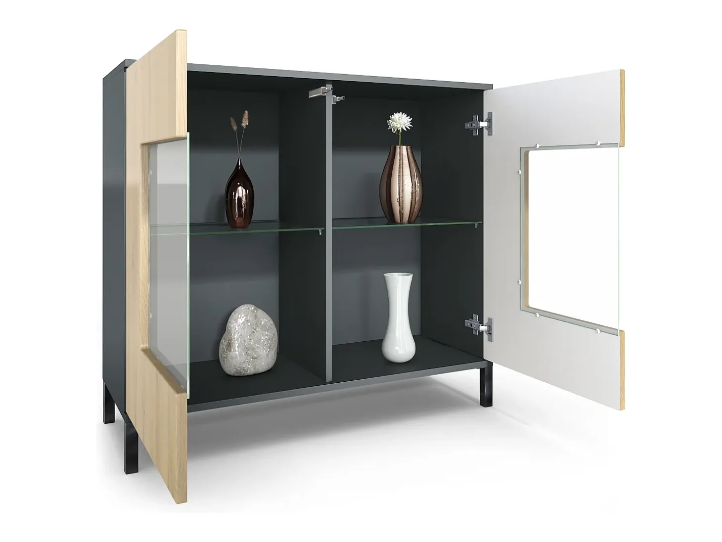 Cómoda Grömitz V3, Moderno armario de cocina con 2 grandes puertas de cristal antracita mate / crema de alto brillo (92,5 x 83.5 x 35)