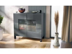 Cómoda Grömitz V3, Moderno armario de cocina con 2 grandes puertas de cristal antracita mate / gris de alto brillo (92,5 x 84.5 x 35)