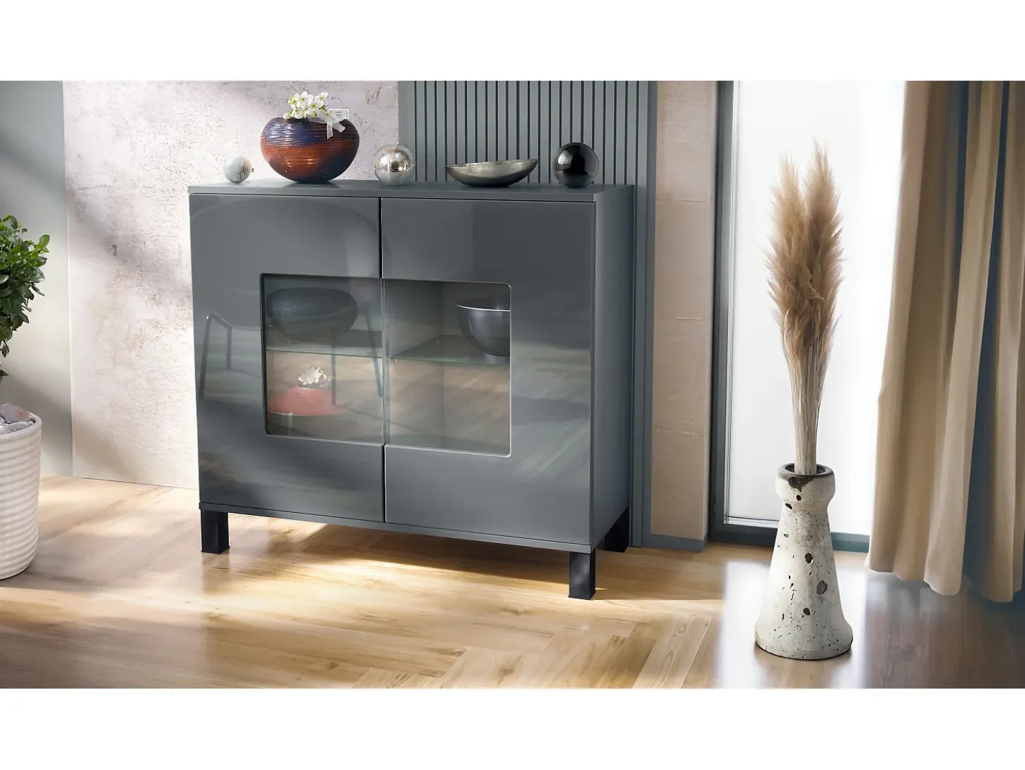 Cómoda Grömitz V3, Moderno armario de cocina con 2 grandes puertas de cristal antracita mate / gris de alto brillo (92,5 x 84.5 x 35)