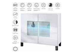 Cómoda Grömitz V3, Moderno armario de cocina con 2 grandes puertas de cristal incl. iluminación RGB blanco mate / roble natural (92,5 x 84.5 x 35)