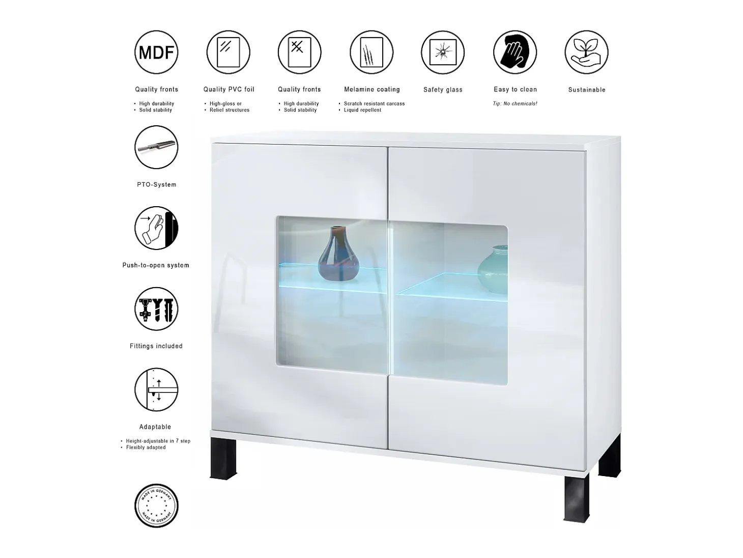 Cómoda Grömitz V3, Moderno armario de cocina con 2 grandes puertas de cristal incl. iluminación RGB blanco mate / roble natural (92,5 x 84.5 x 35)