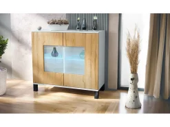 Cómoda Grömitz V3, Moderno armario de cocina con 2 grandes puertas de cristal incl. iluminación RGB blanco mate / roble natural (92,5 x 84.5 x 35)