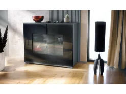 Cómoda Grömitz V3, Moderno armario de cocina con 2 grandes puertas de cristal antracita mate / negro de alto brillo (92,5 x 75.5 x 35)