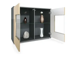 Cómoda Grömitz V3, Moderno armario de cocina con 2 grandes puertas de cristal antracita mate / negro de alto brillo (92,5 x 75.5 x 35)