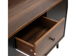 Cómoda moderna de madera con puertas correderas, mueble de 3 cajones, color negro y madera oscura.