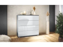 Cómoda Pavos V3, Aparador con 4 cajones antracita mate/blanco de alto brillo (76 x 76 x 35 cm)