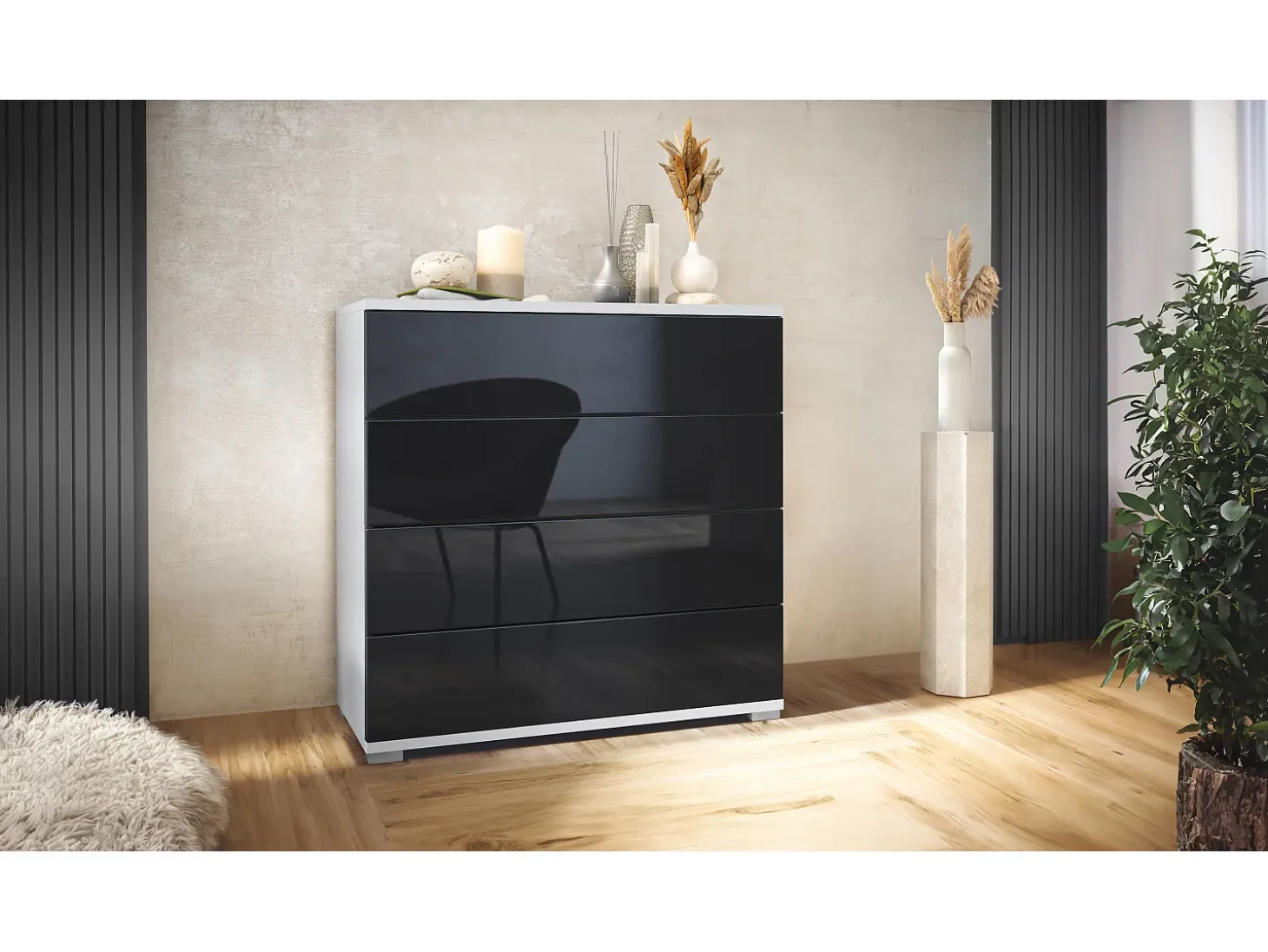 Cómoda Pavos V3, Aparador con 4 cajones blanco mate/negro de alto brillo (76 x 76 x 35 cm)