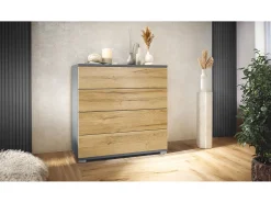 Cómoda Pavos V3, Aparador con 4 cajones antracita mate/roble natural (76 x 76 x 35 cm)