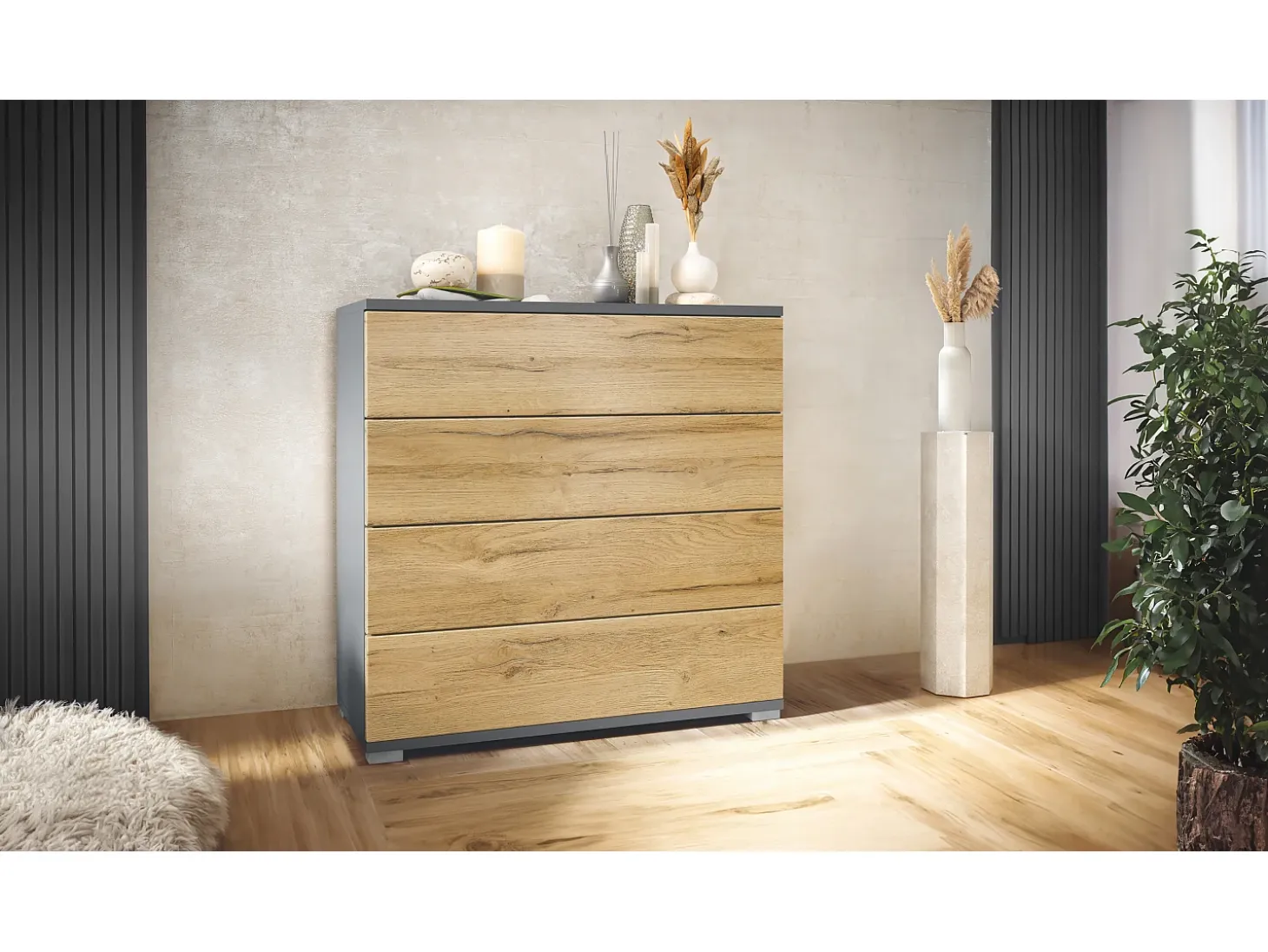 Cómoda Pavos V3, Aparador con 4 cajones antracita mate/roble natural (76 x 76 x 35 cm)