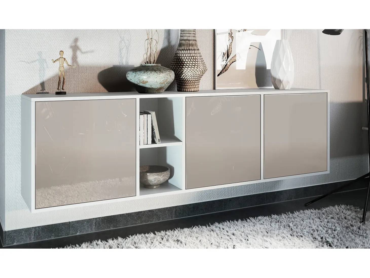 Cómoda Vladon Cuba - blanco mate/gris arena de alto brillo - Aparador moderno para su salón - (AnxAlxPr) 182x53x35 cm