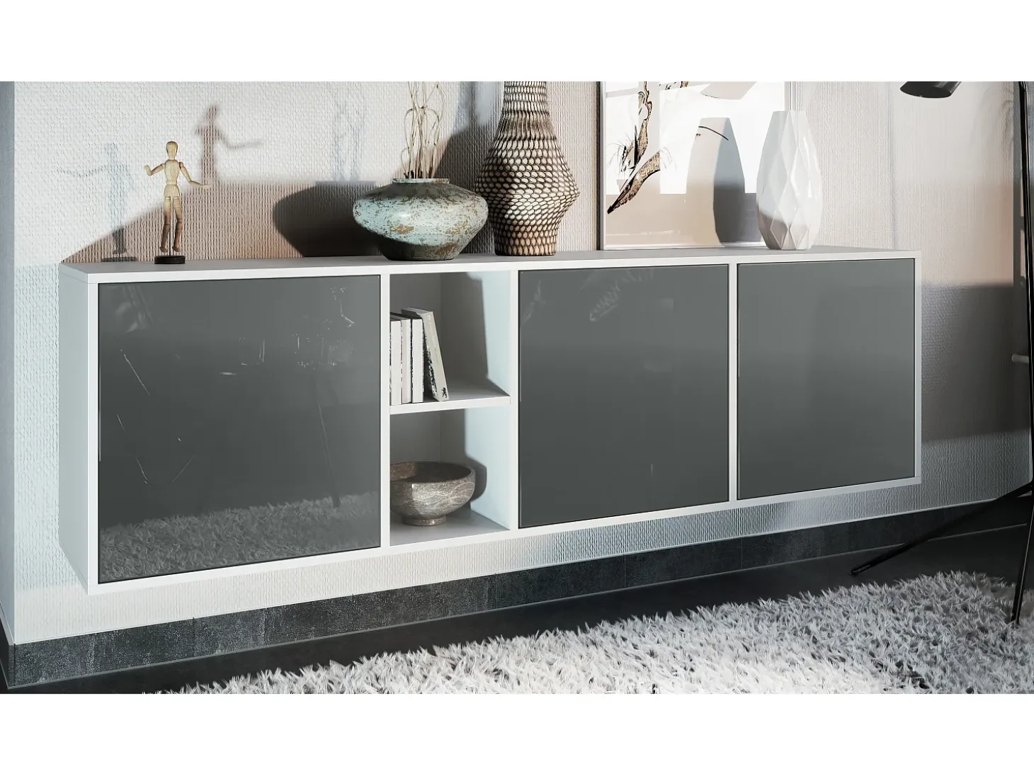 Cómoda Vladon Cuba - blanco mate/gris de alto brillo - Aparador moderno para su salón - (AnxAlxPr) 182x53x35 cm