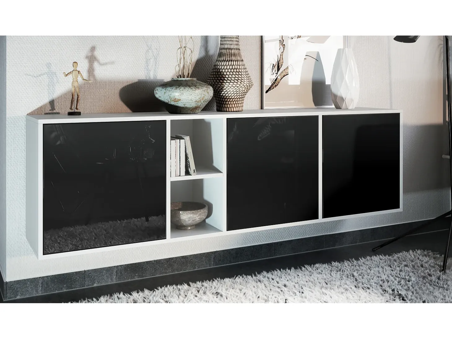 Cómoda Vladon Cuba - blanco mate/negro de alto brillo - Aparador moderno para su salón - (AnxAlxPr) 182x53x35 cm