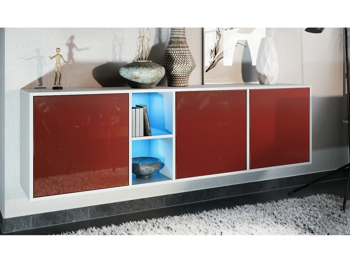 Cómoda Vladon Cuba - blanco mate/burdeos de alto brillo con LED - Aparador moderno para su salón - (AnxAlxPr) 182x53x35 cm