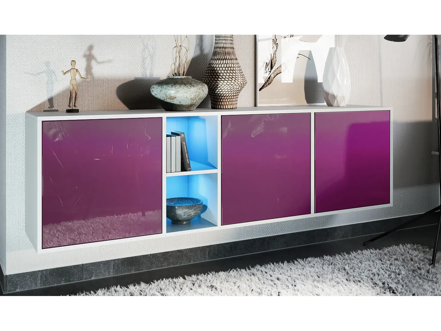 Cómoda Vladon Cuba - blanco mate/zarzamora de alto brillo con LED - Aparador moderno para su salón - (AnxAlxPr) 182x53x35 cm