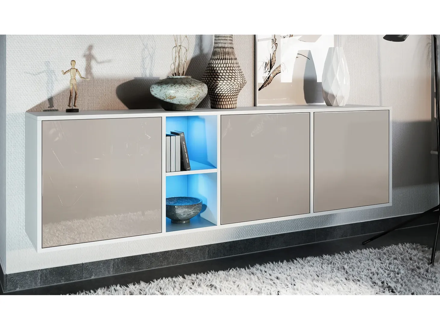 Cómoda Vladon Cuba - blanco mate/gris arena de alto brillo con LED - Aparador moderno para su salón - (AnxAlxPr) 182x53x35 cm