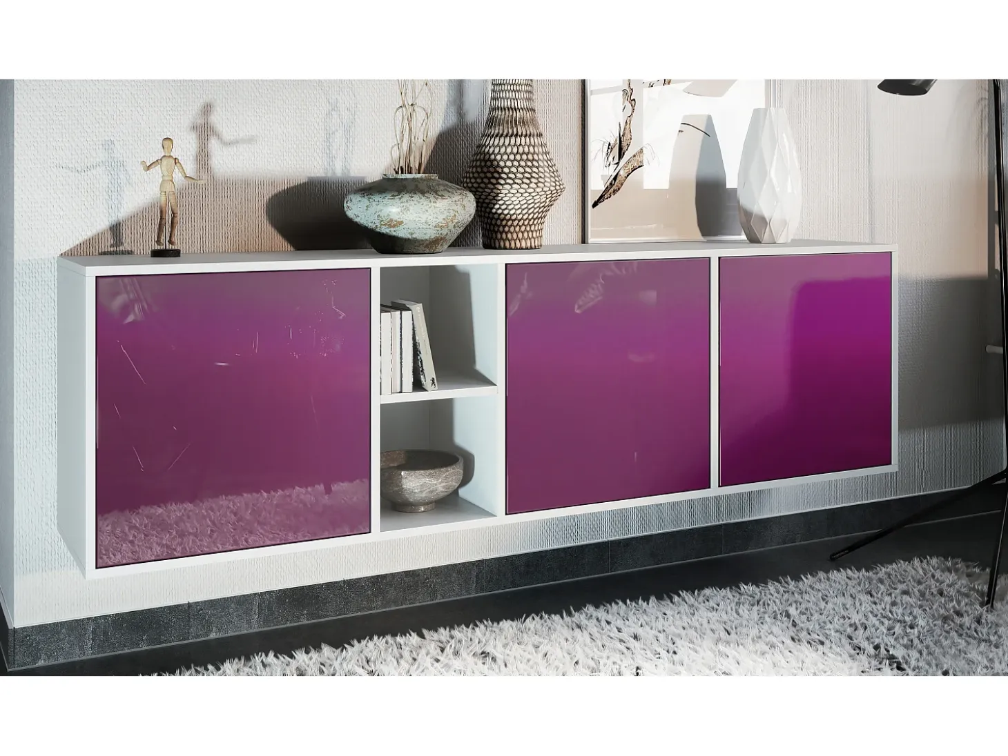 Cómoda Vladon Cuba - blanco mate/zarzamora de alto brillo - Aparador moderno para su salón - (AnxAlxPr) 182x53x35 cm
