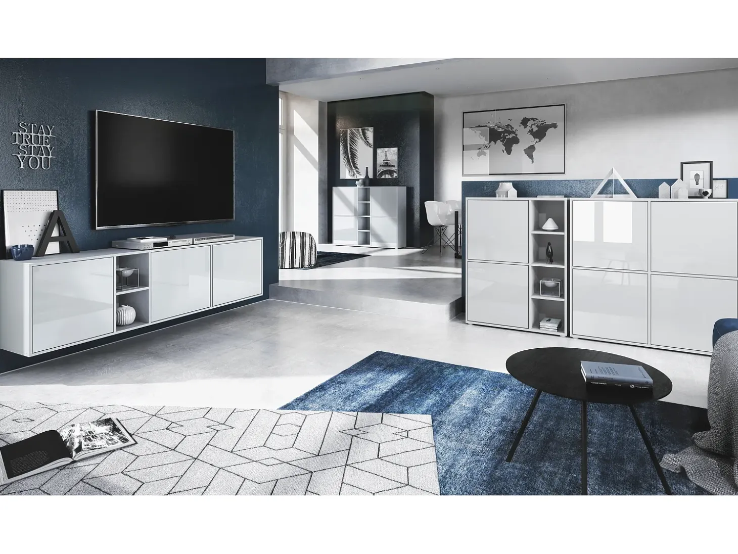 Cómoda Vladon Cuba - blanco mate/negro mate con LED - Aparador moderno para su salón - (AnxAlxPr) 182x53x35 cm