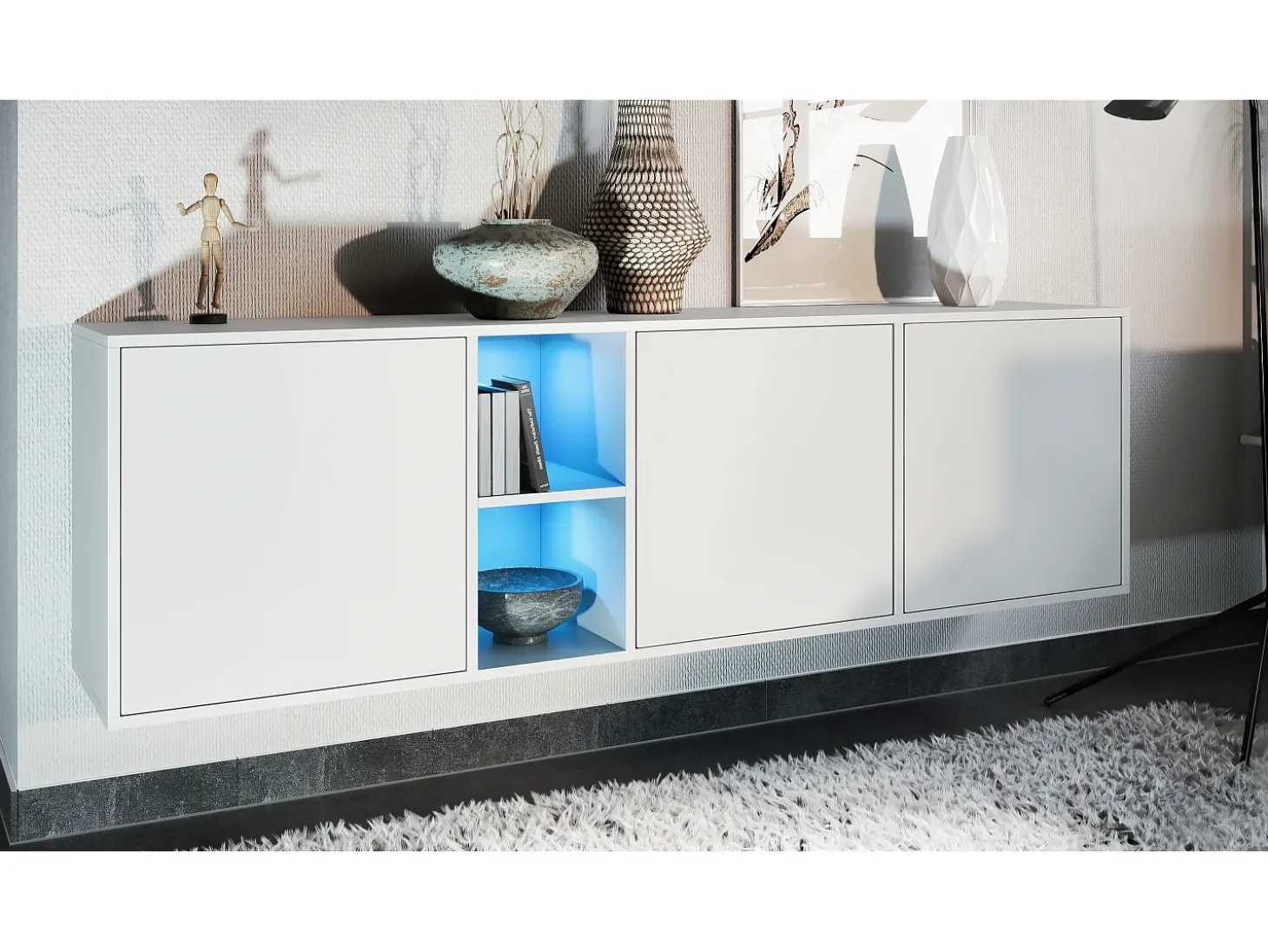 Cómoda Vladon Cuba - blanco mate/blanco mate con LED - Aparador moderno para su salón - (AnxAlxPr) 182x53x35 cm