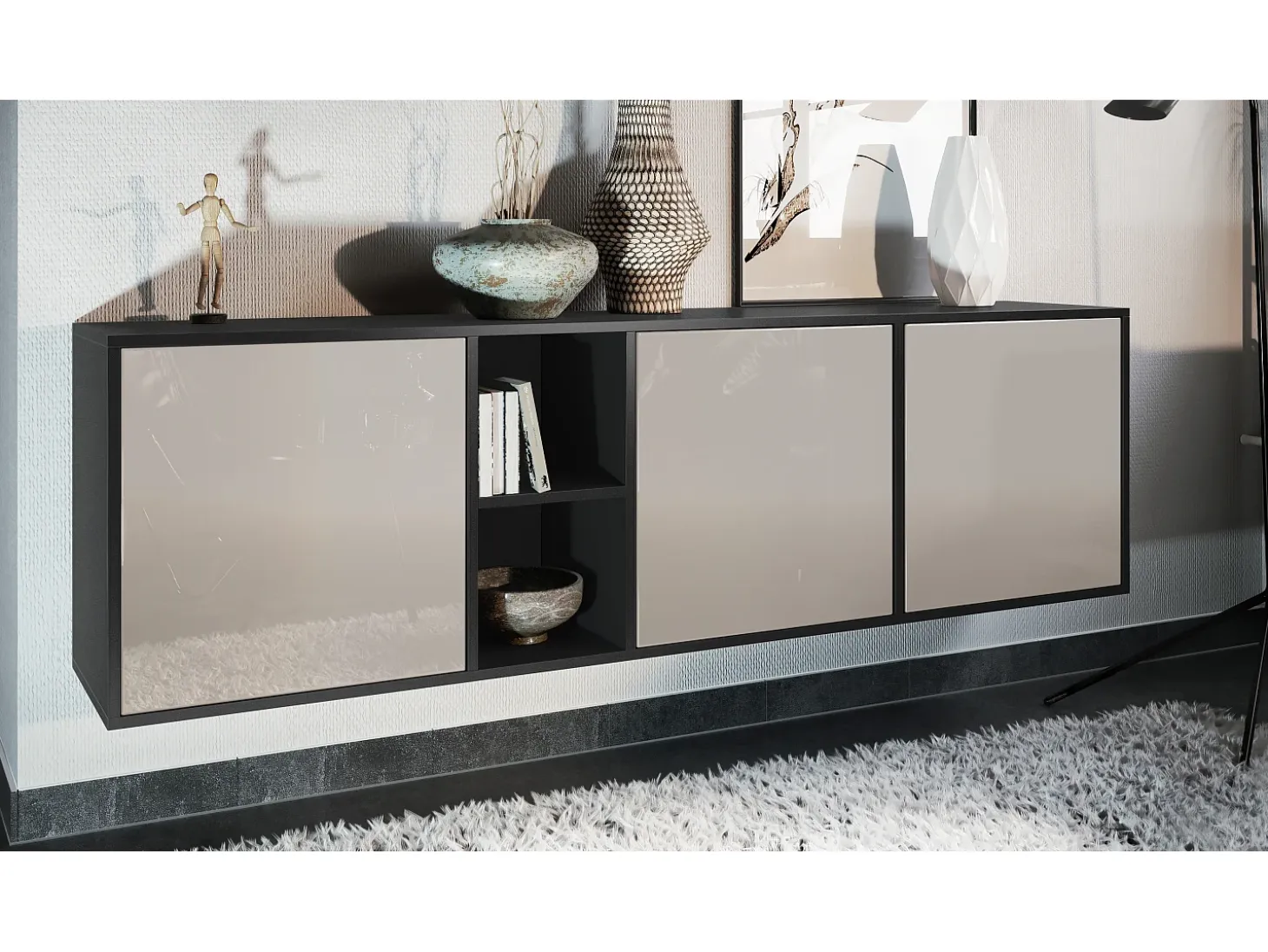 Cómoda Vladon Cuba - negro mate/gris arena de alto brillo - Aparador moderno para su salón - (AnxAlxPr) 182x53x35 cm