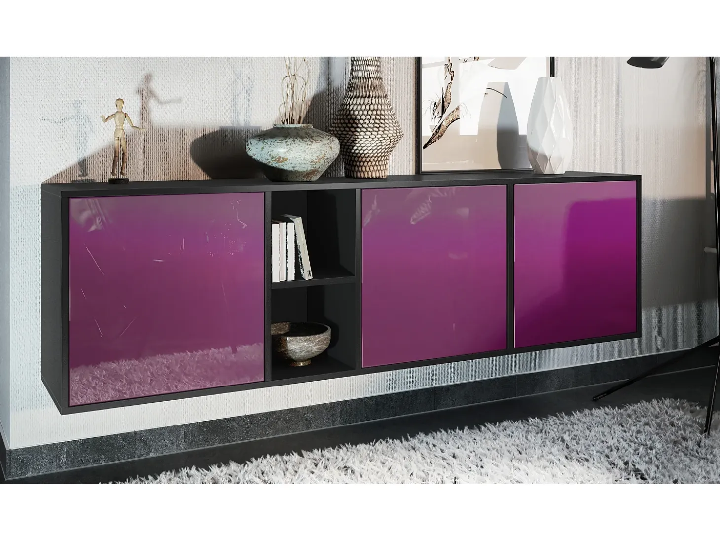 Cómoda Vladon Cuba - negro mate/zarzamora de alto brillo - Aparador moderno para su salón - (AnxAlxPr) 182x53x35 cm