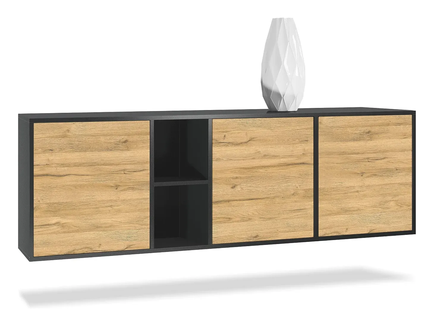 Cómoda Vladon Cuba - negro mate/roble natural - Aparador moderno para su salón - (AnxAlxPr) 182x53x35 cm