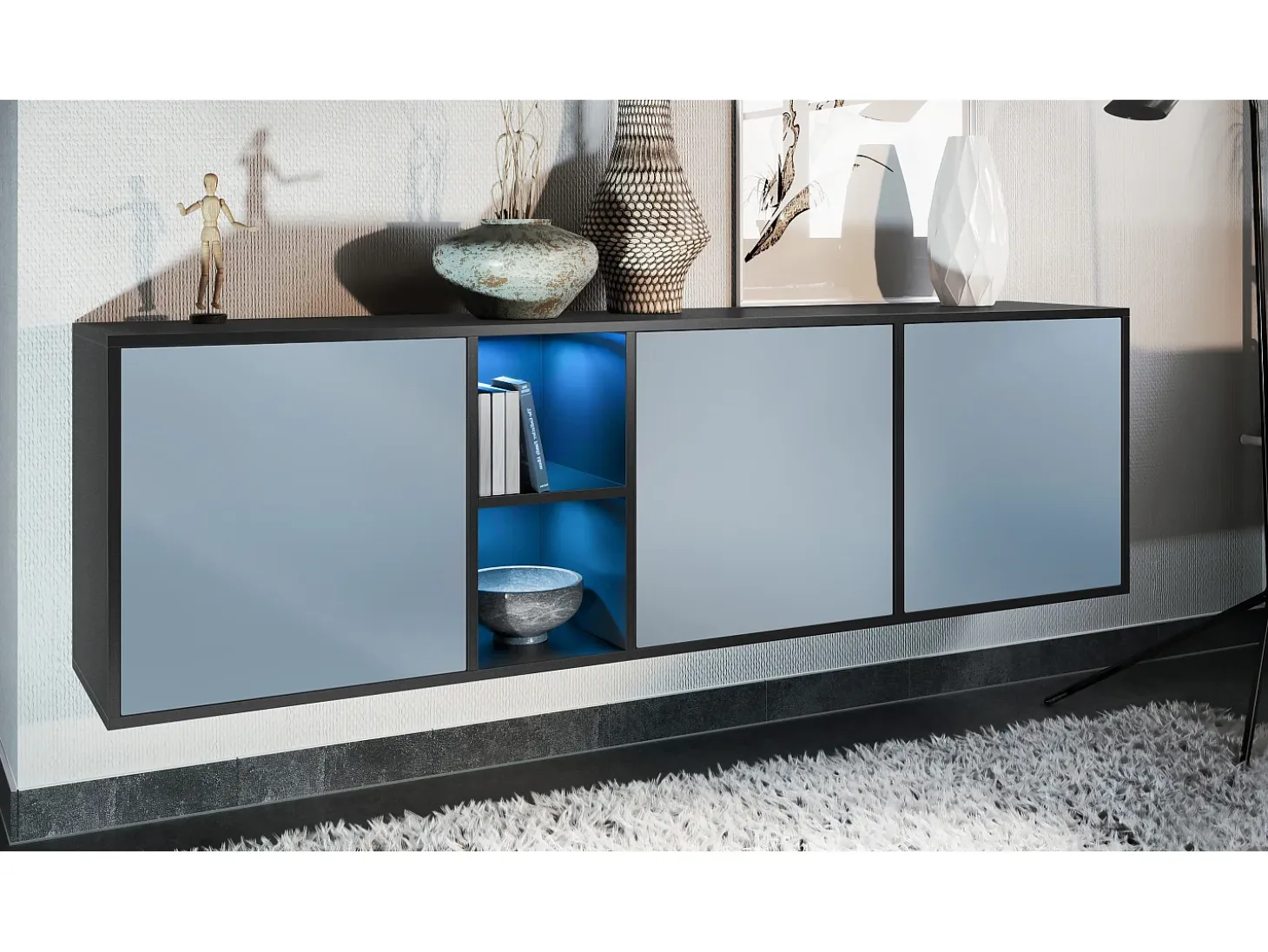 Cómoda Vladon Cuba - negro mate/mezclilla mate - Aparador moderno para su salón - (AnxAlxPr) 182x53x35 cm