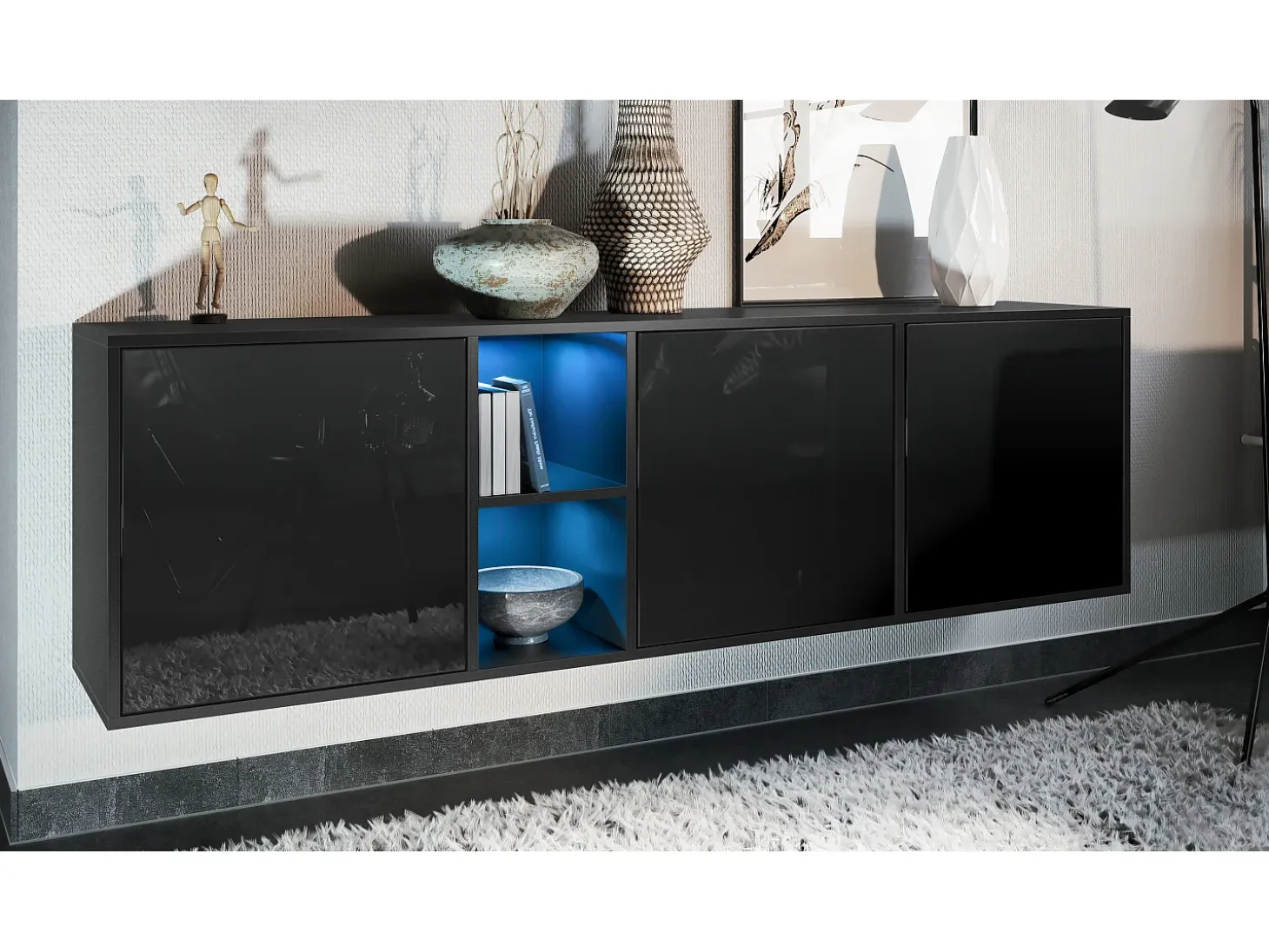 Cómoda Vladon Cuba - negro mate/negro de alto brillo - Aparador moderno para su salón - (AnxAlxPr) 182x53x35 cm
