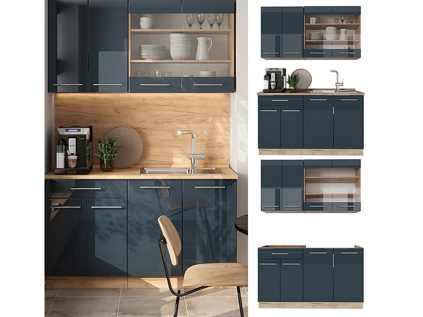 Cocina americana azul oscuro alto brillo/roble dorado 140x46x81.6 fame-line