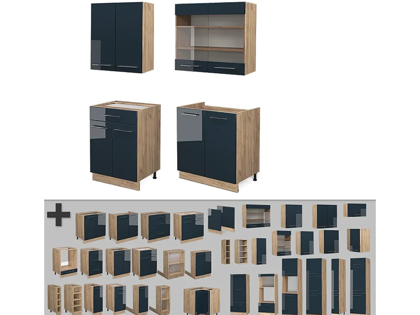 Cocina americana azul oscuro alto brillo/roble dorado 140x46x81.6 fame-line