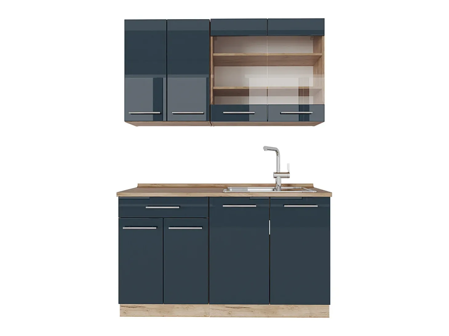Cocina americana azul oscuro alto brillo/roble dorado 140x46x81.6 fame-line