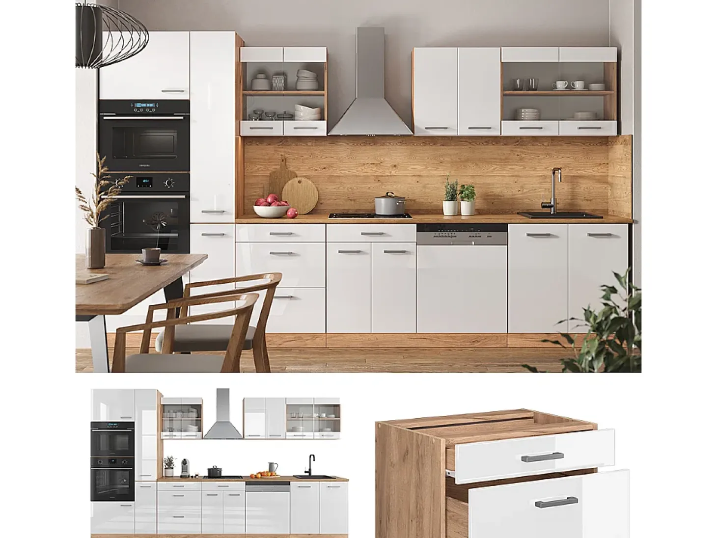 Cocina americana blanco brillo intenso/roble dorado 350x60x81.6 r-line