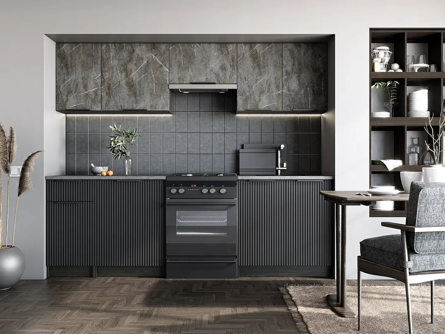 Cocina Bérangère 240 cm mármol y gris