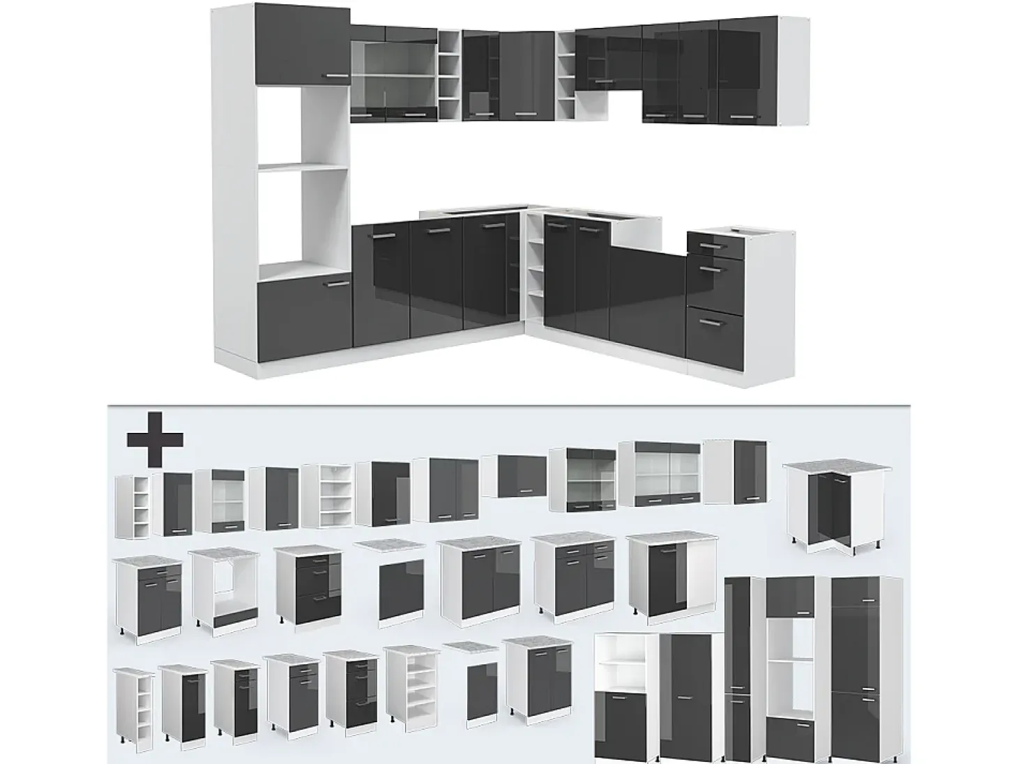 Cocina esquinera antracita brillo intenso/blanco 247x46x81.6 r-line