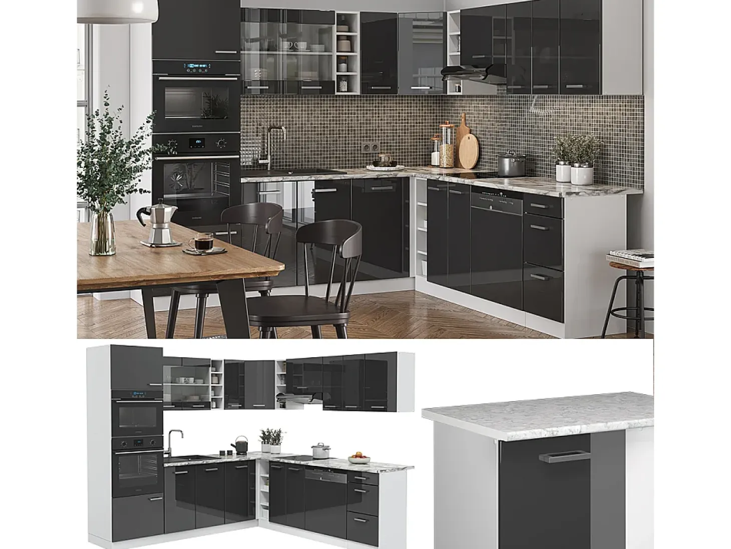 Cocina esquinera antracita brillo intenso/blanco 247x46x81.6 r-line