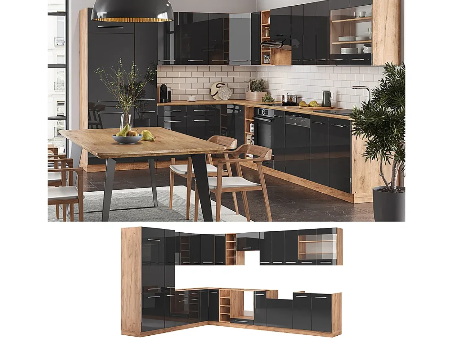 Cocina esquinera antracita brillo intenso/roble dorado eléctrico 347x60x81.6 fame-line