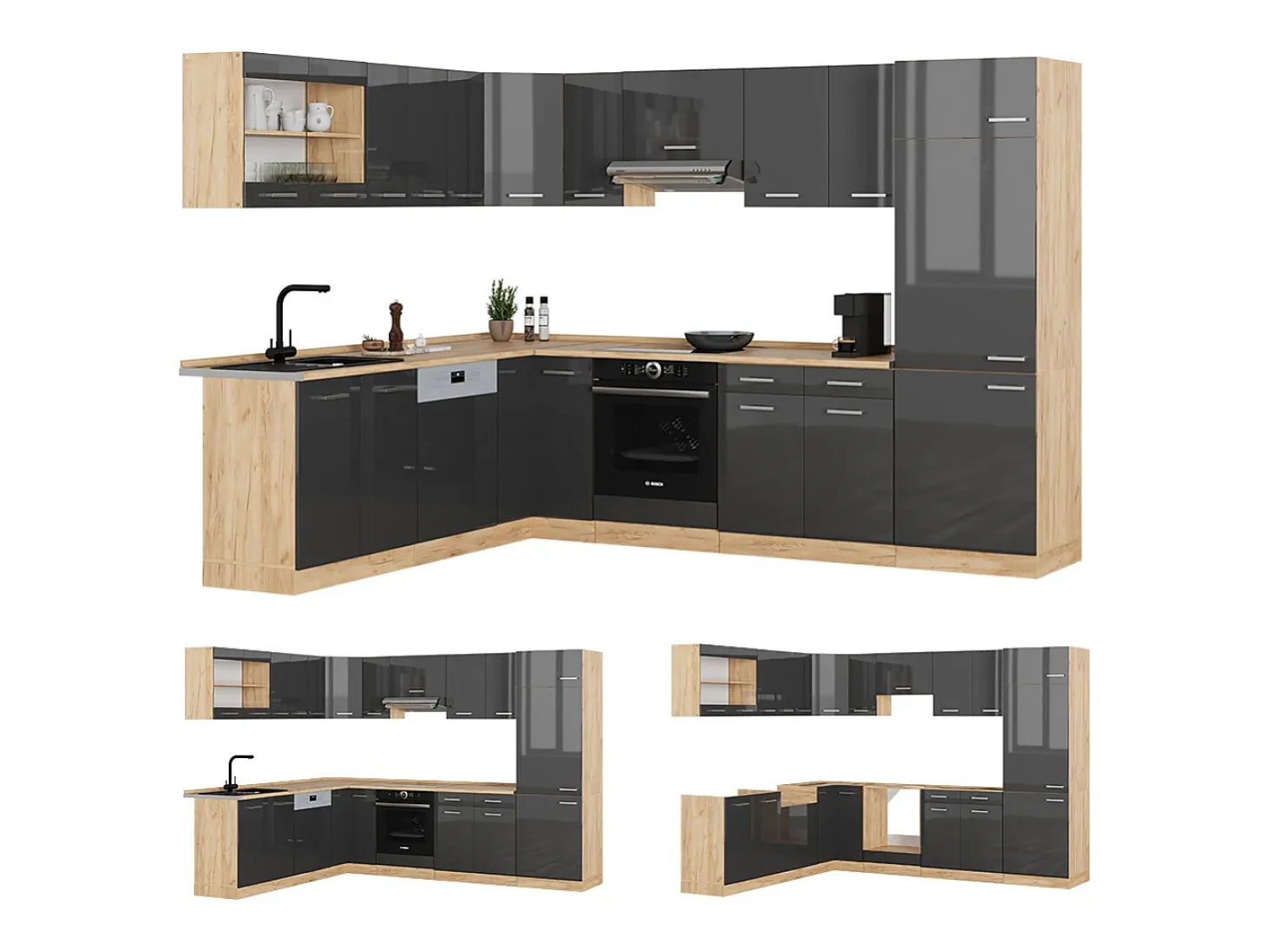 Cocina esquinera antracita brillo intenso/roble dorado eléctrico 287x46x81.6 r-line