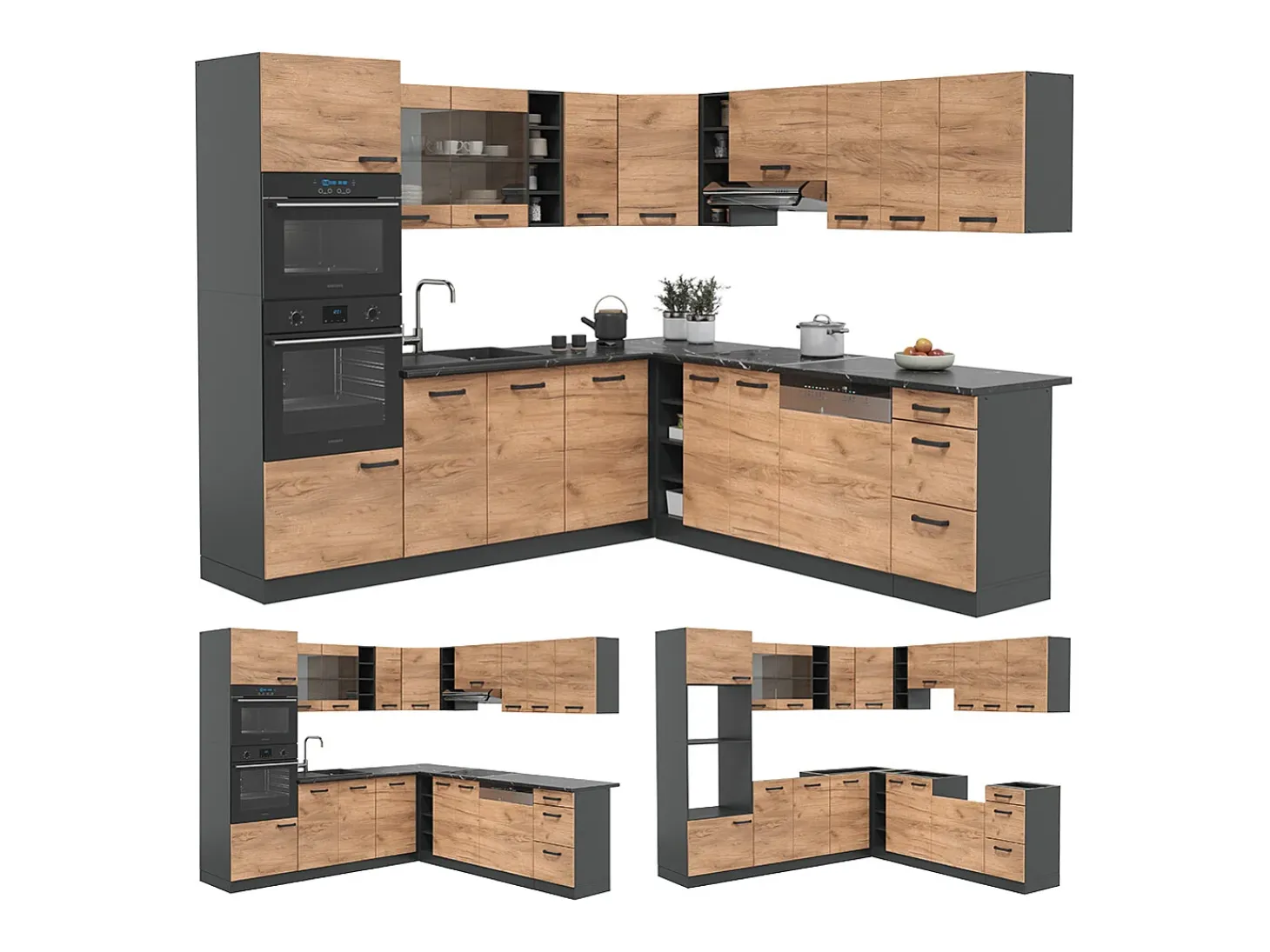 Cocina esquinera antracita/roble dorado 247x60x81.6 r-line