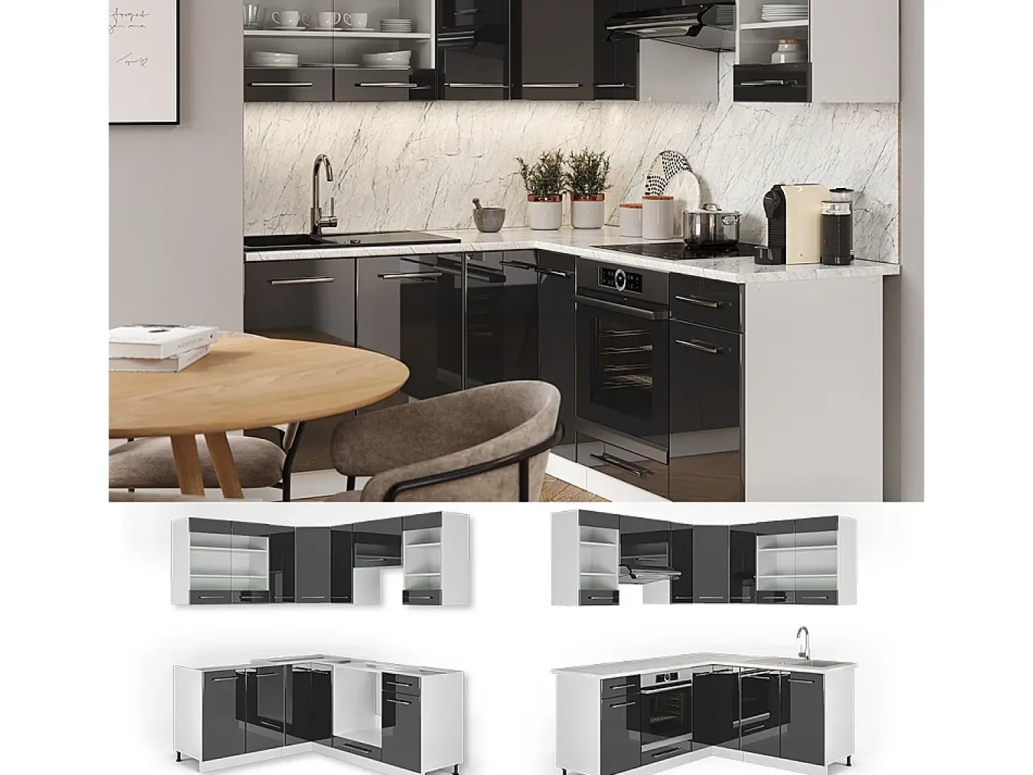 Cocina esquinera antracita alto brillo 190x46x81.6 fame-line