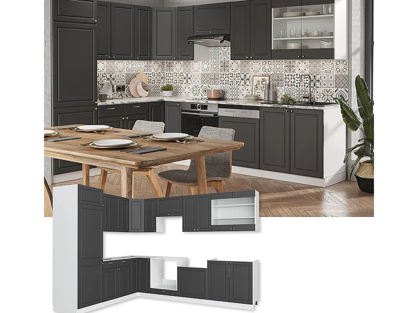 Cocina esquinera antracita-oro/blanco 287x46x81.6 fame-line